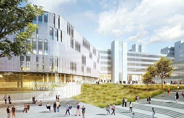 Visualisierung des Haupteingangs der Universität Bielefeld der modernisiert wird. Im unteren Teil hat das Gebäude eine Glasfasade. Darüber setzt sich die Fassade aus länglichen Fenstern sowie festen Elmenten zusammen.